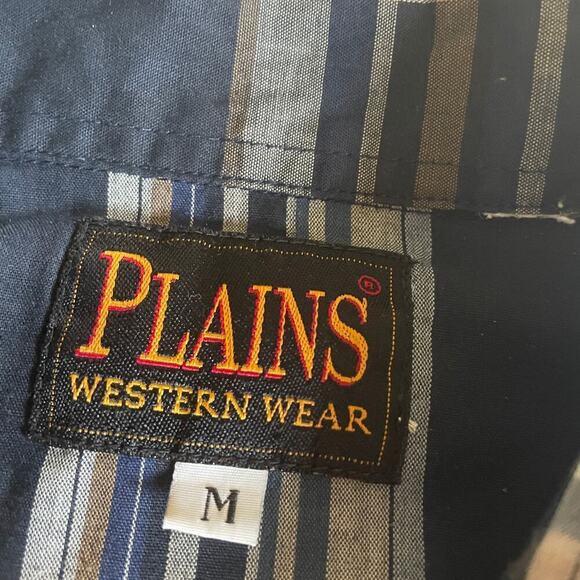 Plains Western Wear Pearl Snap Button Shirt Mens Medium Blue Plaid Vintage 90s - Picture 3 of 7